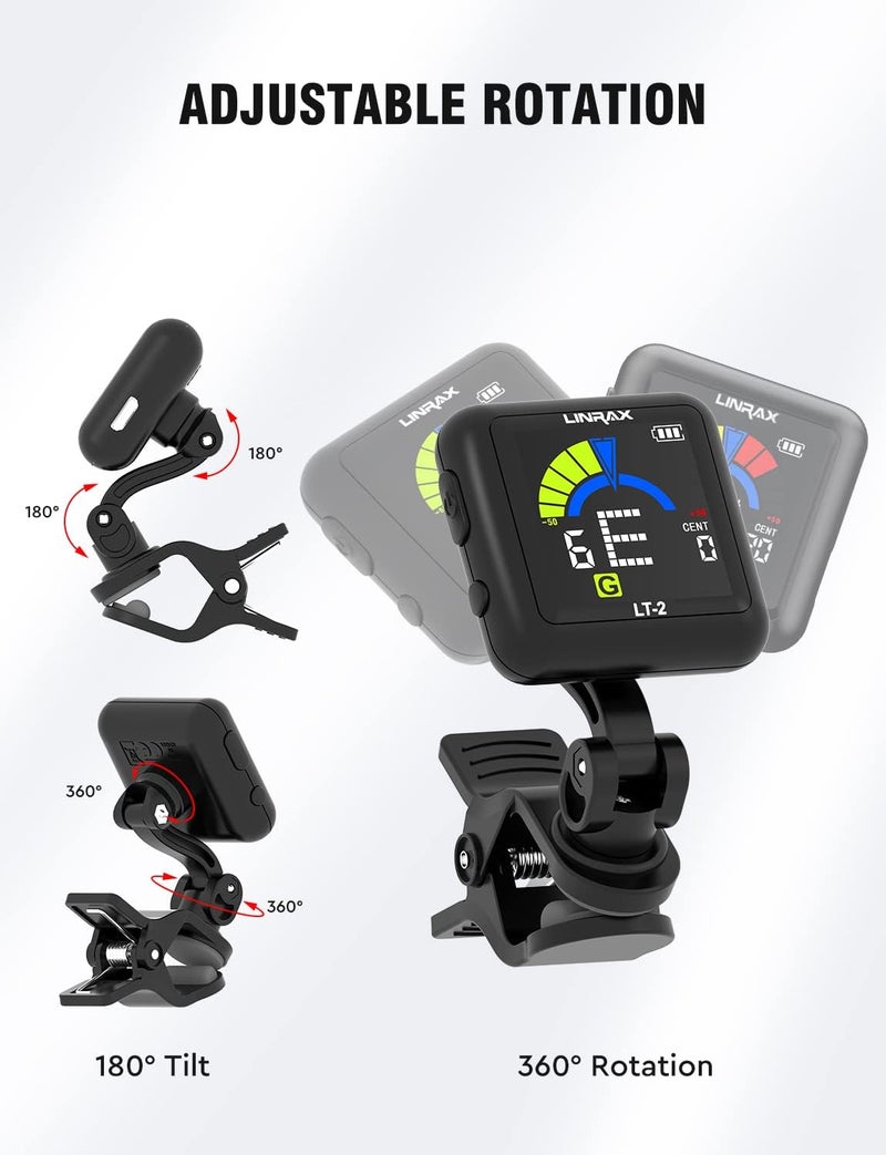 LINRAX LT-2 Guitar Tuner Rechargeable Clip On Tuner for Guitar, Bass, Ukulele, Violin, Banjo, Chromatic Tuner with LCD Color Display, Digital Tuner for Stringed Instruments, Guitar Accessories, Black - Image 3